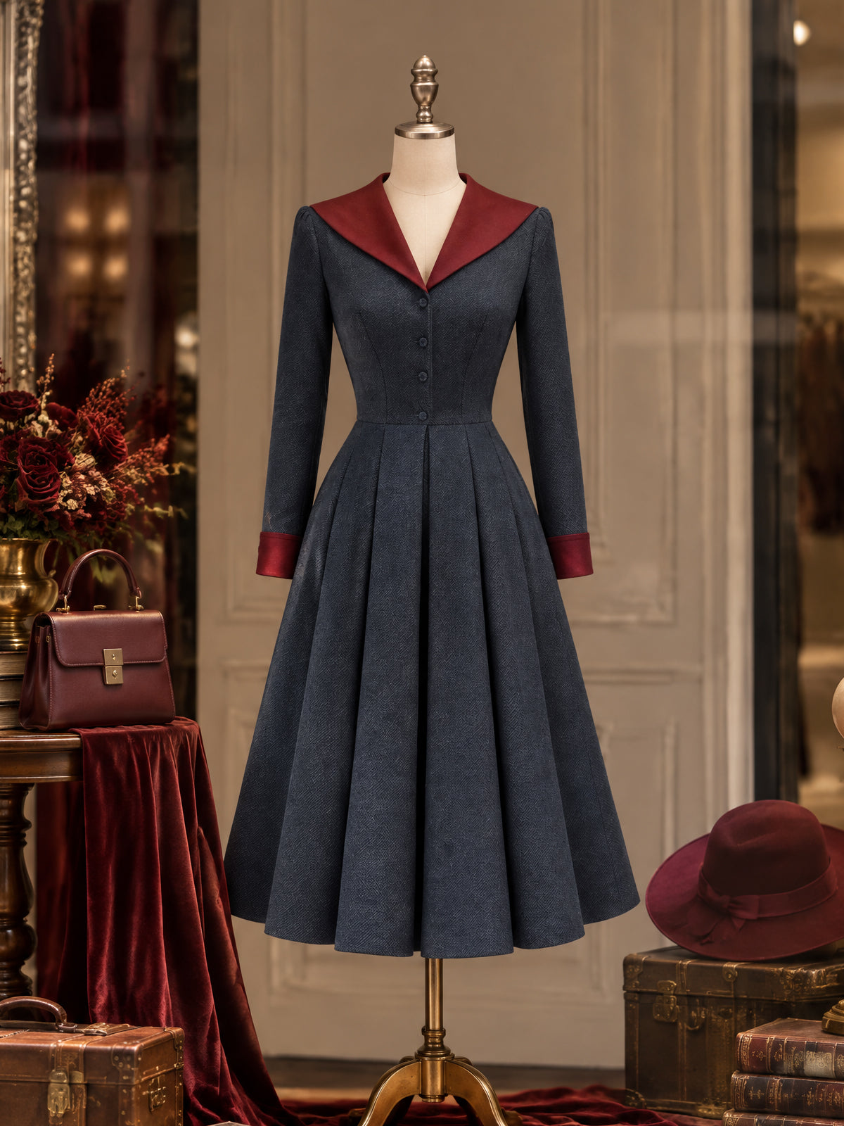 Vintage Contrast-Lapel Pleated Herringbone Midi Dress