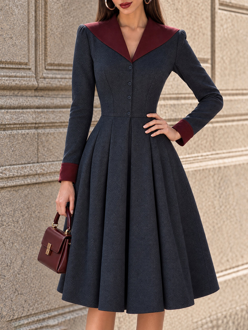 Vintage Contrast-Lapel Pleated Herringbone Midi Dress