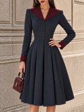 Vintage Contrast-Lapel Pleated Herringbone Midi Dress
