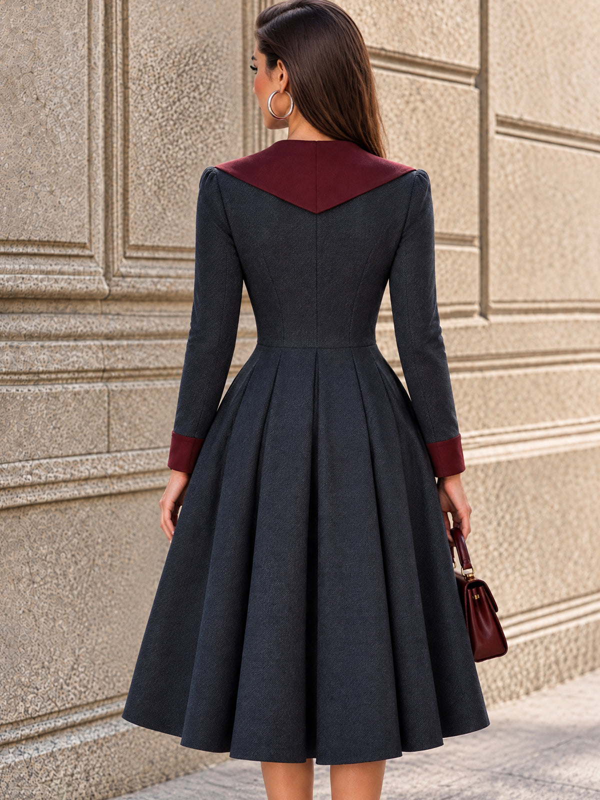Vintage Contrast-Lapel Pleated Herringbone Midi Dress