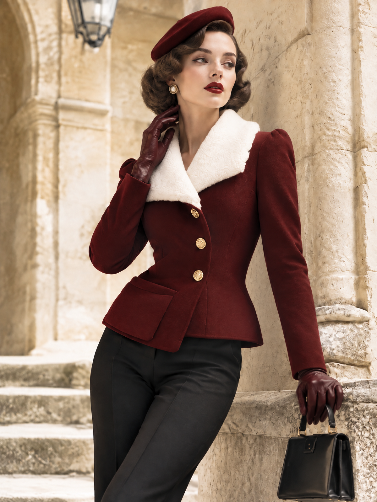 Vintage Lamb Fur Lapel Waist-Cinched Coat