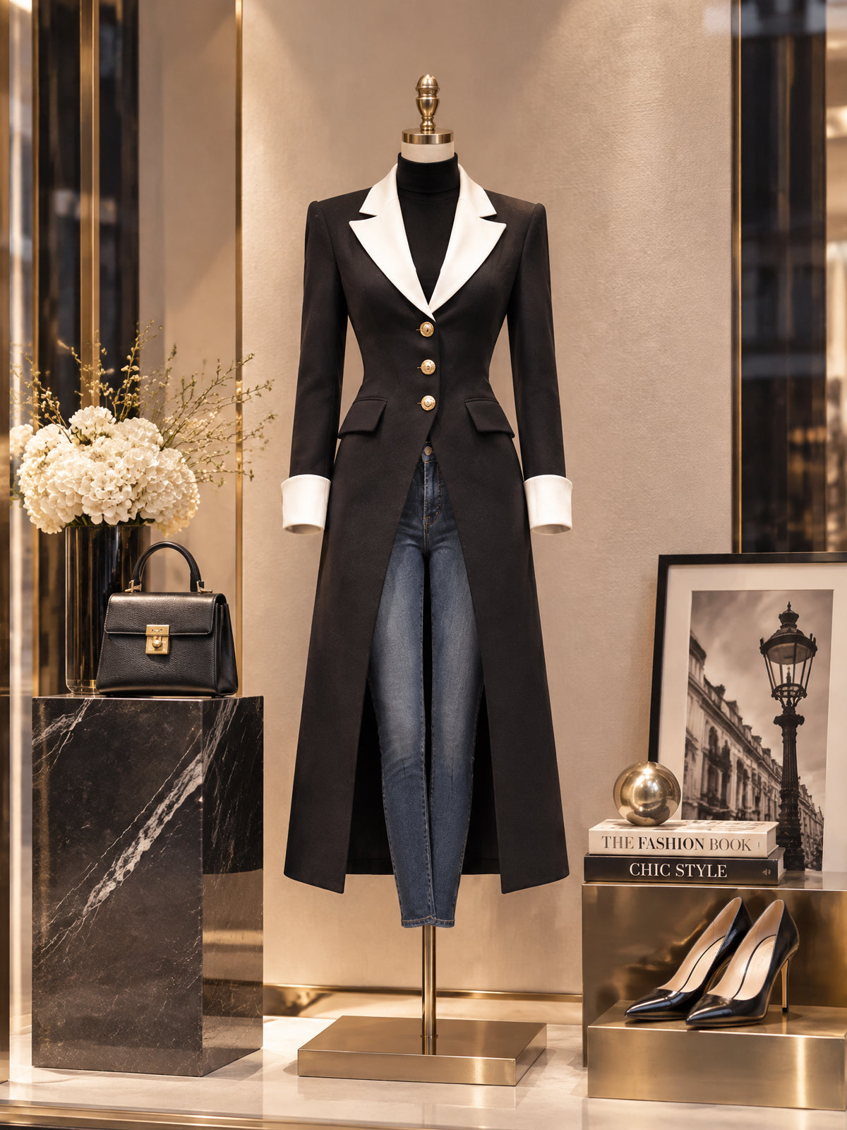 Vintage Contrast Lapel Tailored Long Coat