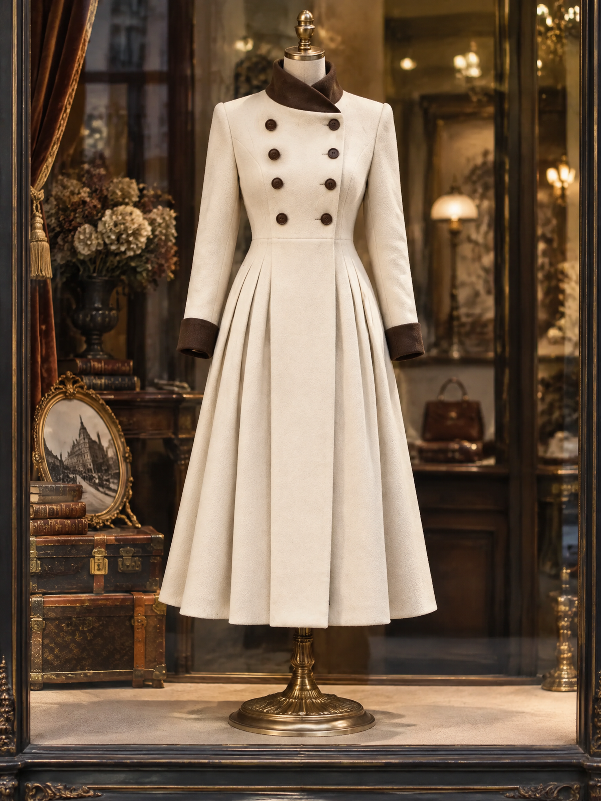Vintage Color Block Stand Collar Fitted Waist Wool Coat