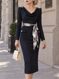 Vintage Cowl Neck Scarf Detail Midi Dress