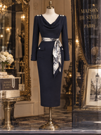Vintage Cowl Neck Scarf Detail Midi Dress