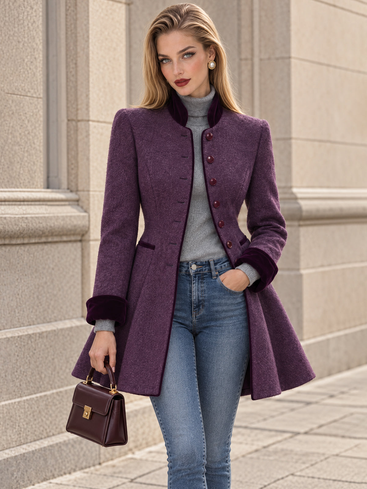 Vintage Purple Velvet Trim Fit-and-Flare Coat