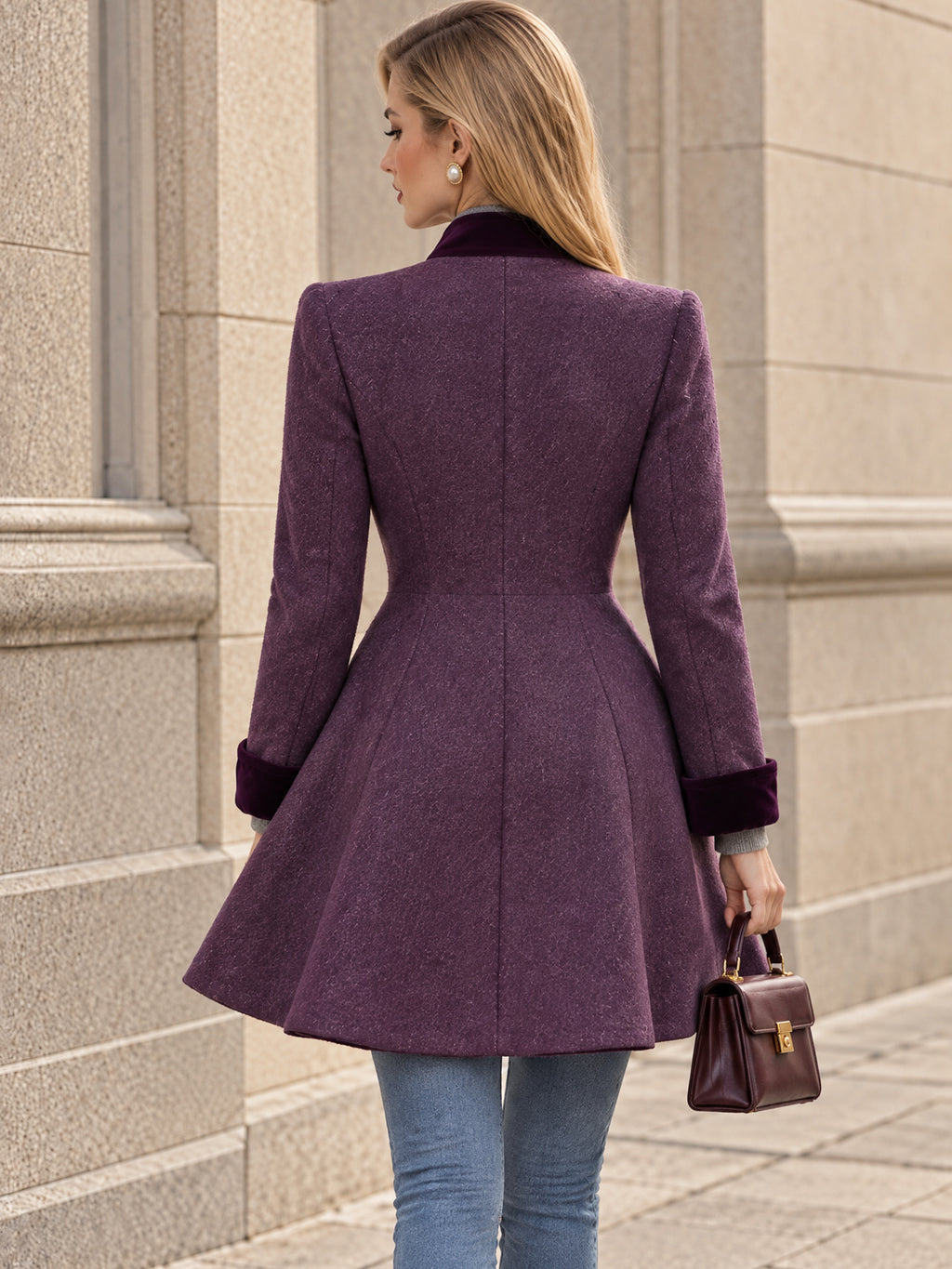 Vintage Purple Velvet Trim Fit-and-Flare Coat
