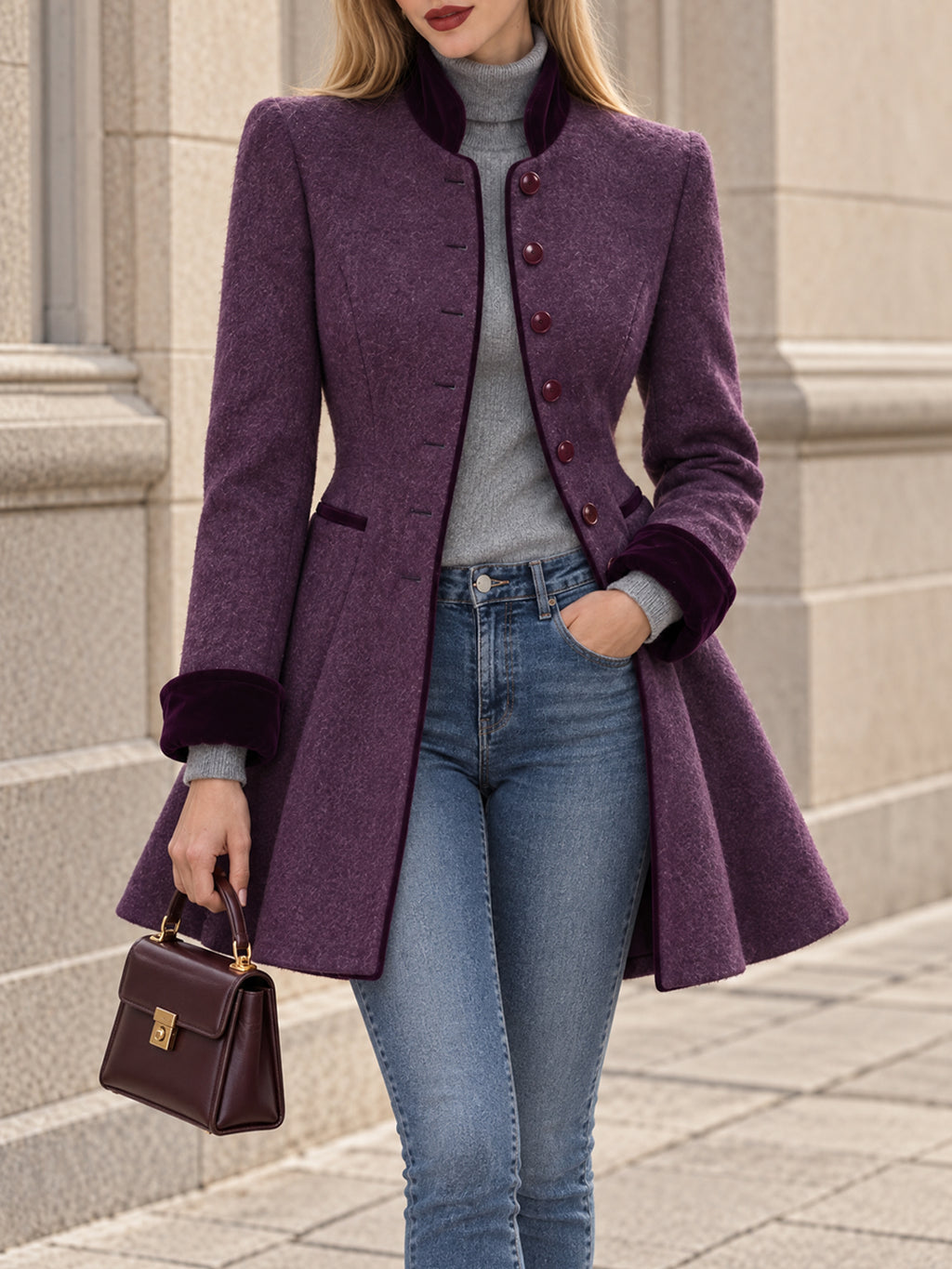 Vintage Purple Velvet Trim Fit-and-Flare Coat