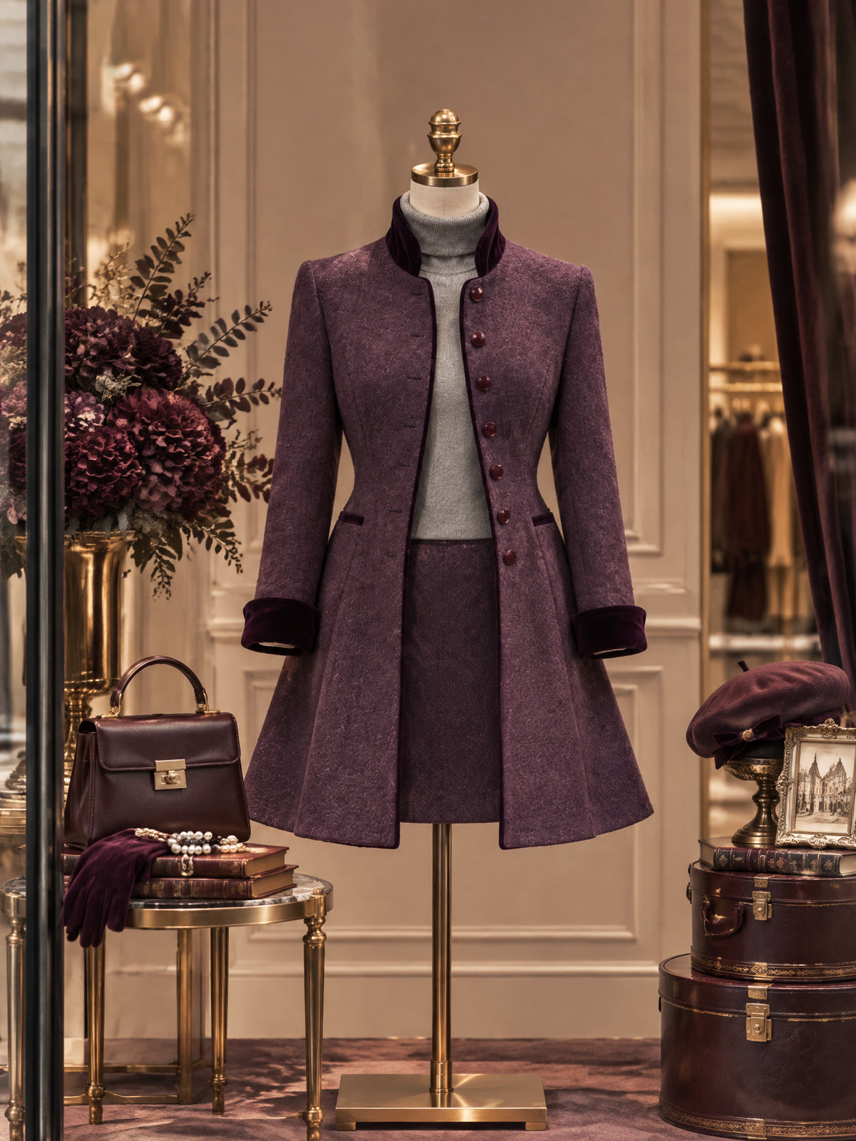 Vintage Purple Velvet Trim Fit-and-Flare Coat