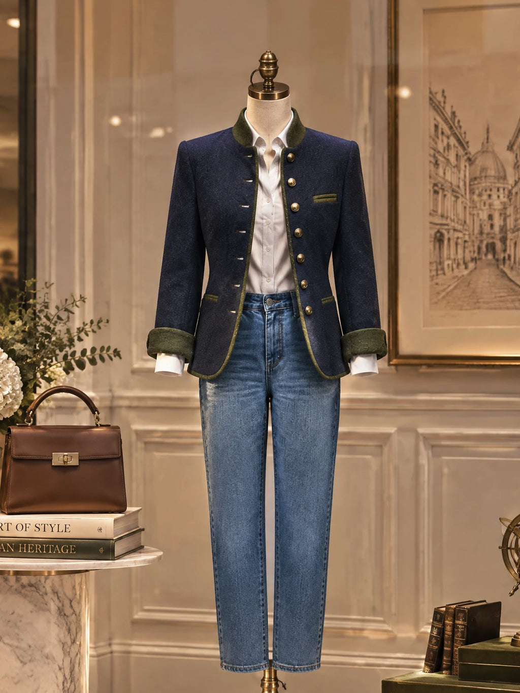 Vintage Contrast Trim Stand Collar Jacket