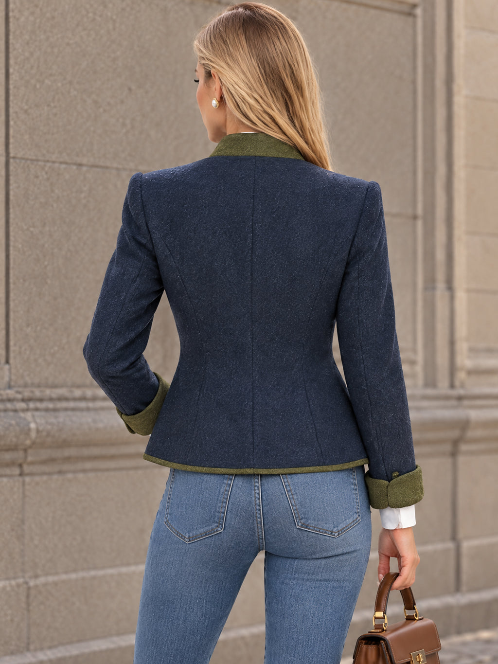 Vintage Contrast Trim Stand Collar Jacket