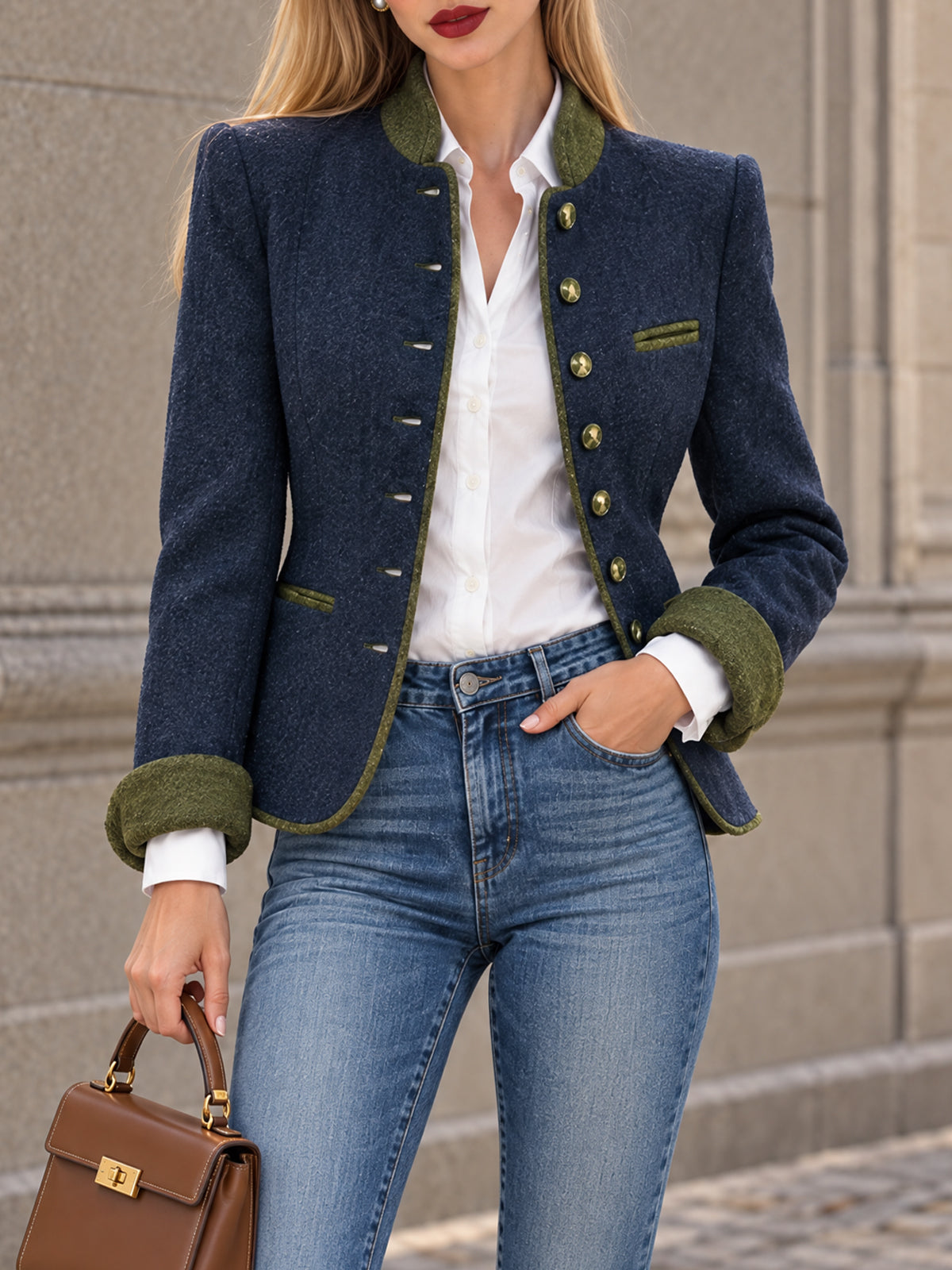 Vintage Contrast Trim Stand Collar Jacket