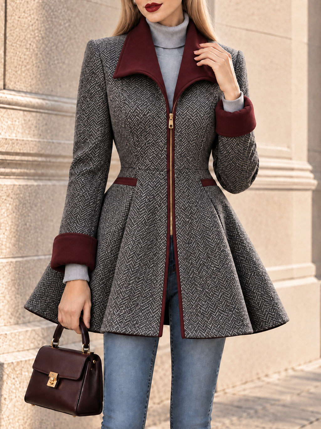 Vintage Herringbone Fit And Flare Coat