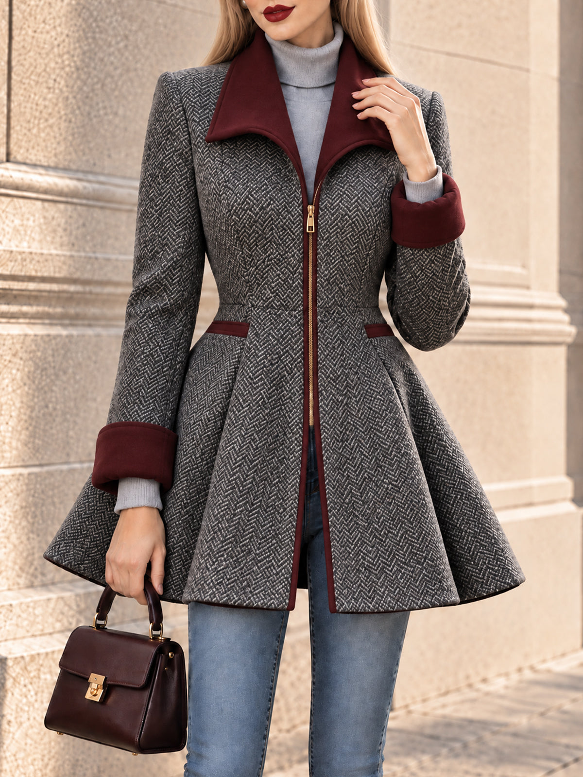 Vintage Herringbone Fit And Flare Coat