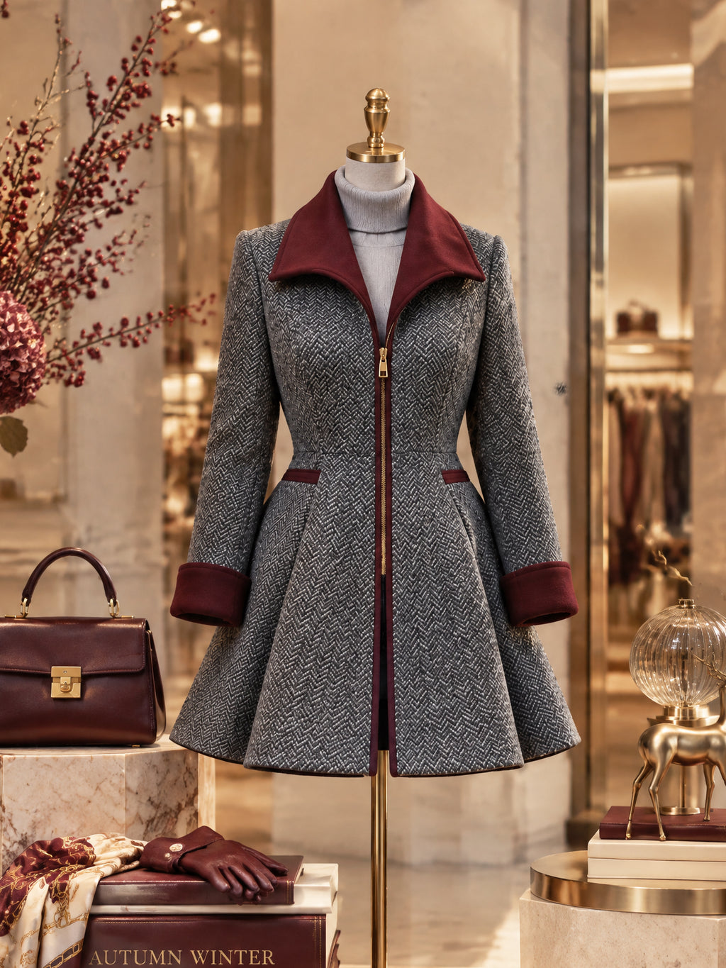 Vintage Herringbone Fit And Flare Coat