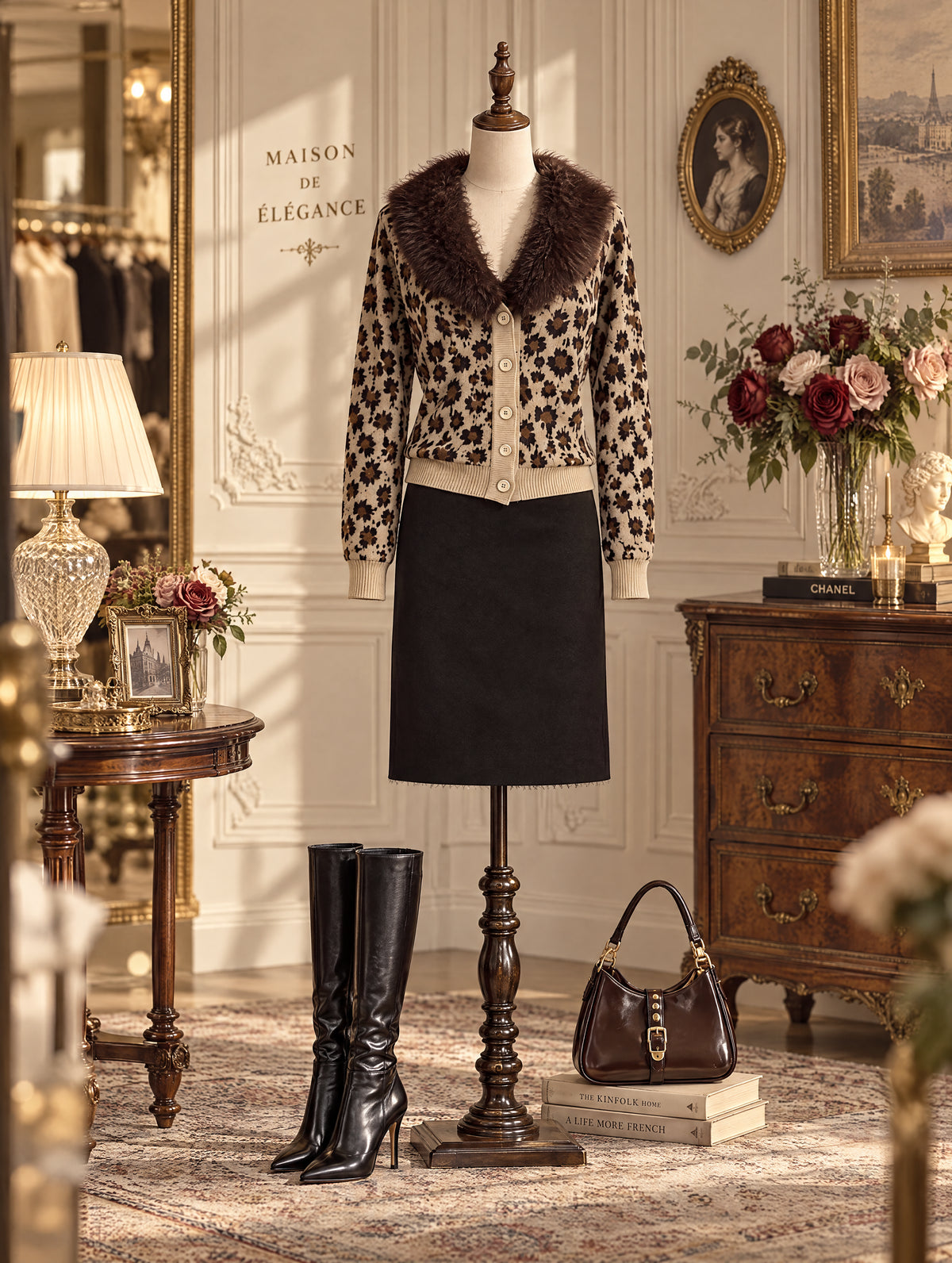 Vintage Furry Collar Leopard Knit Cardigan