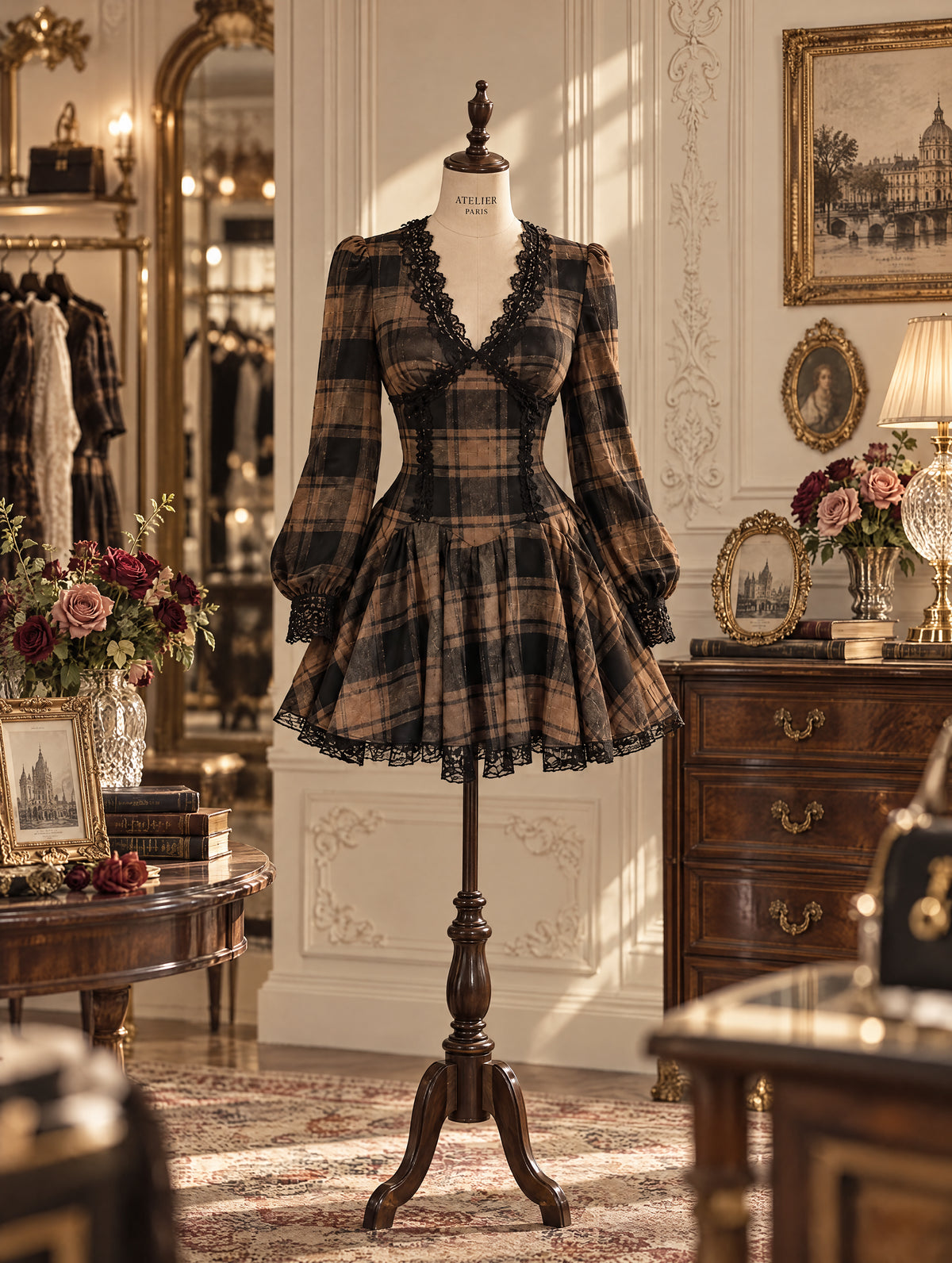Vintage Plaid Lace Trim Puff Sleeve Mini Dress