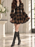 Vintage Plaid Lace Trim Puff Sleeve Mini Dress