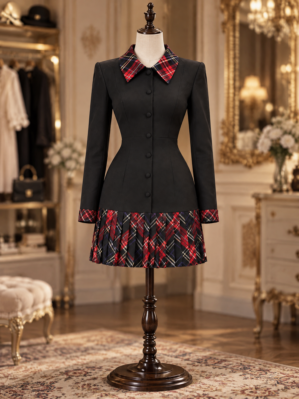 Vintage British Style Color Block Plaid Long Sleeve Waist Mini Dress