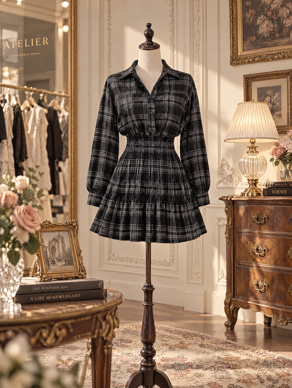 Vintage Plaid Smocked Waist Shirt Mini Dress