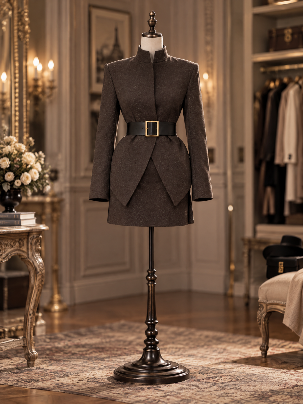 Vintage Funnel Neck Gold Buckle Belt Wool Coat