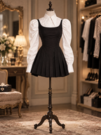 Vintage Puff Sleeve Shirt Pleated Cami Mini Dress Set