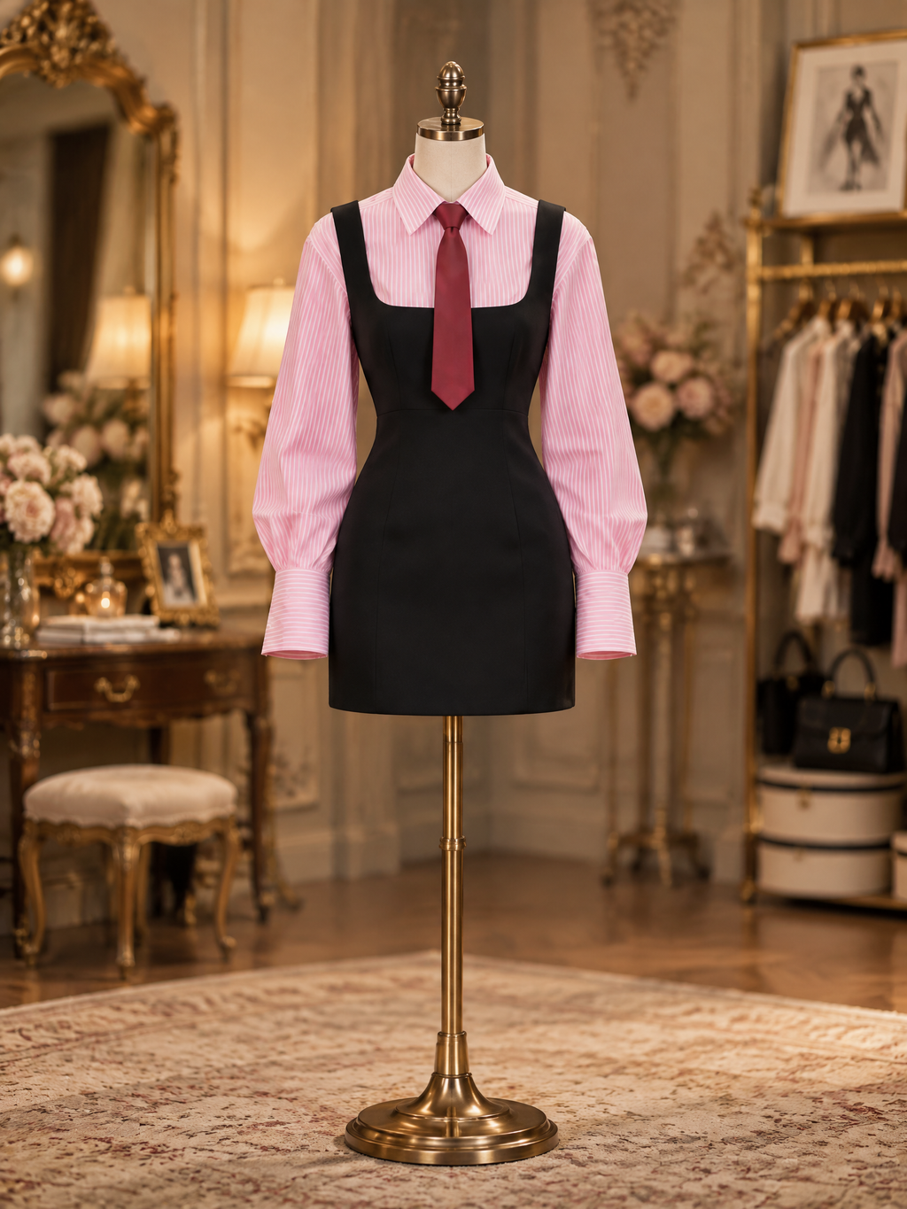 Vintage Collared Striped Shirt Suspender Dress Set
