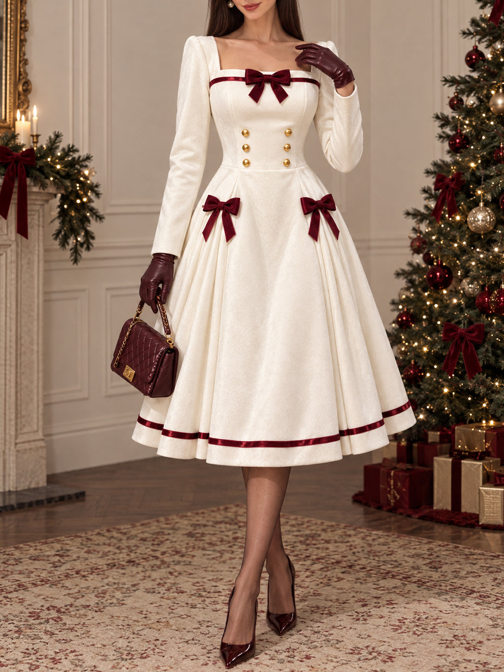 Vintage Square Neck Bow Midi Dress