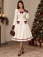 Vintage Square Neck Bow Midi Dress