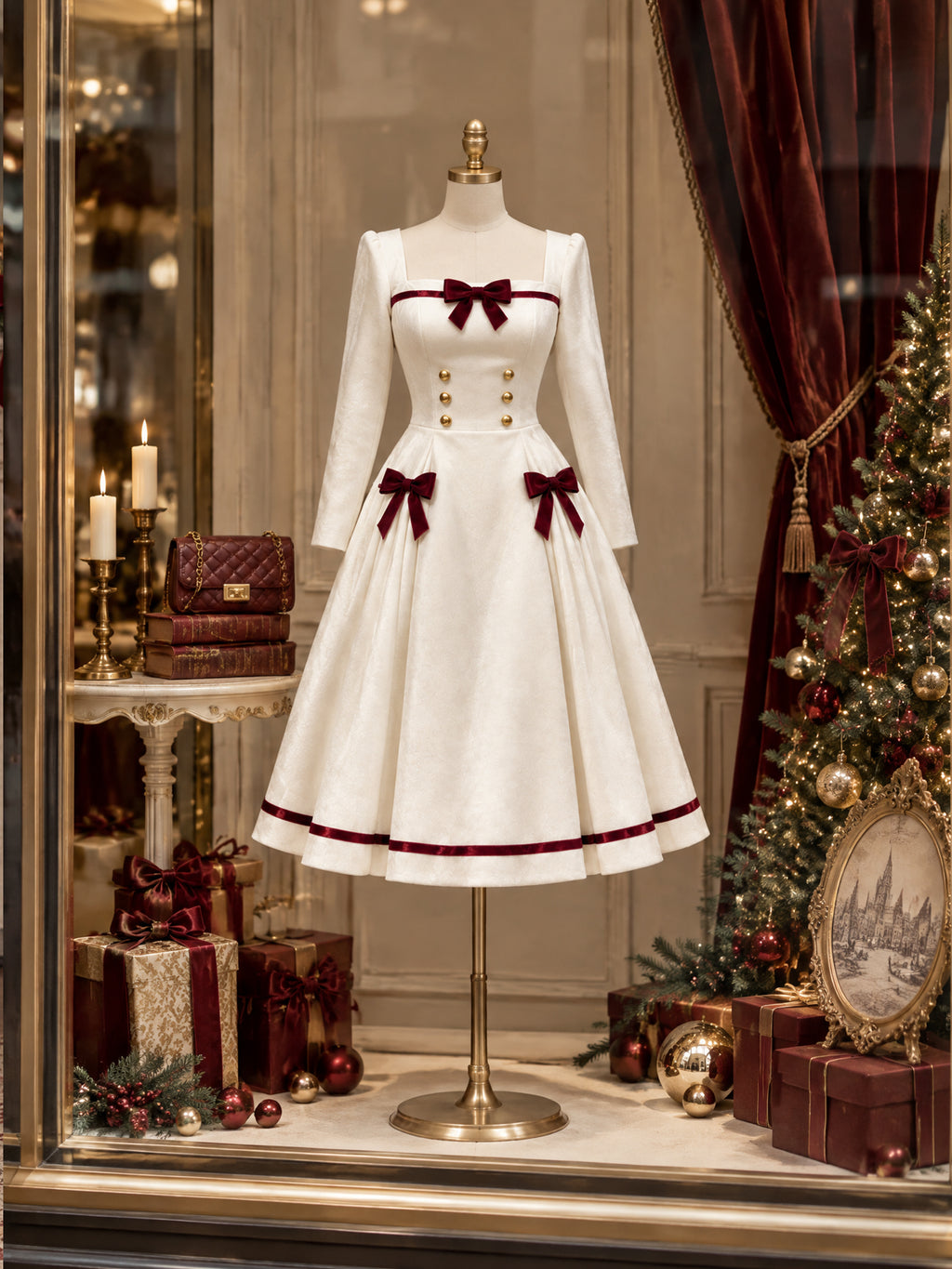 Vintage Square Neck Bow Midi Dress