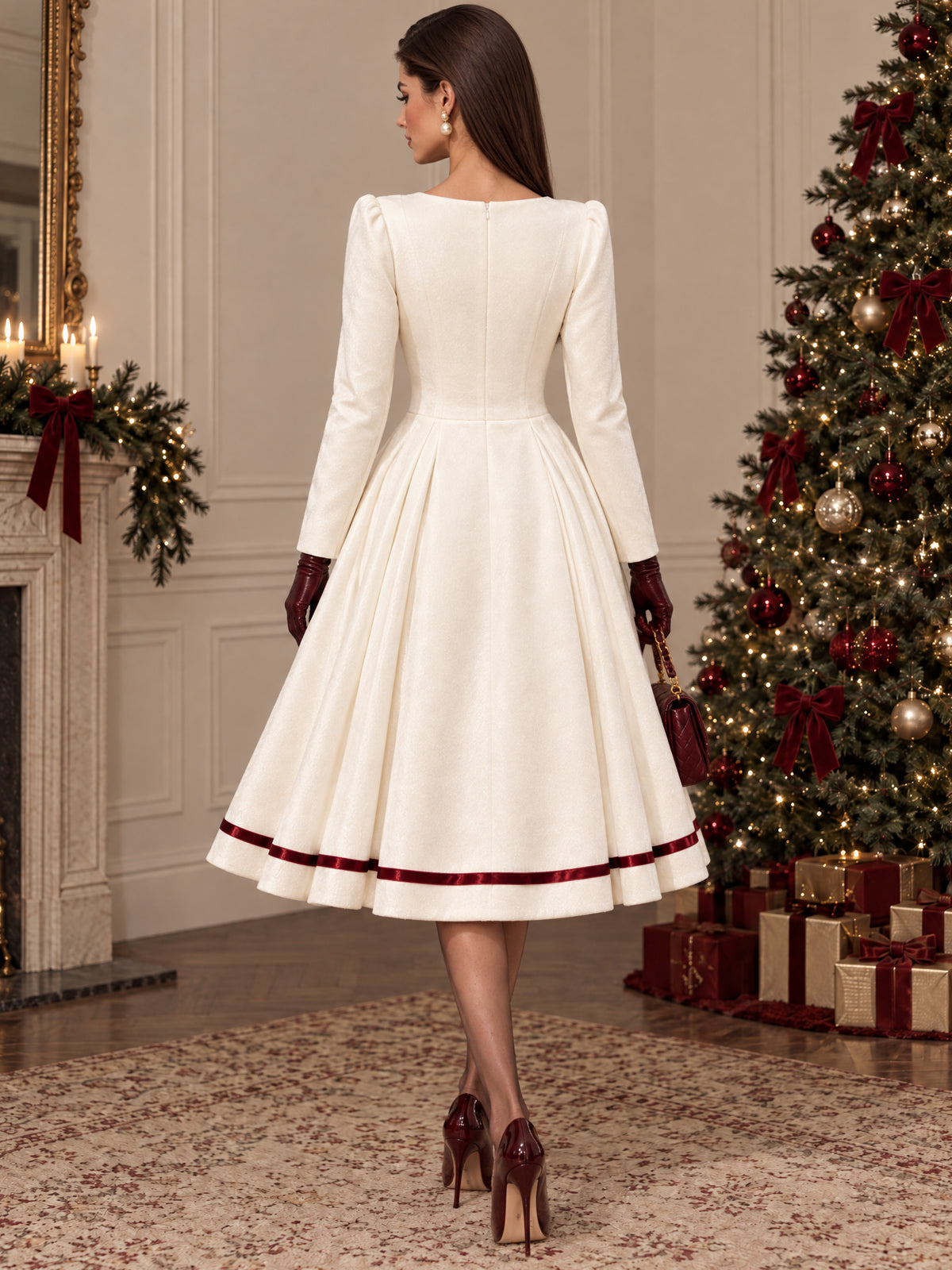 Vintage Square Neck Bow Midi Dress