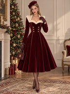 Vintage Burgundy Velvet Faux Fur Collar Dress
