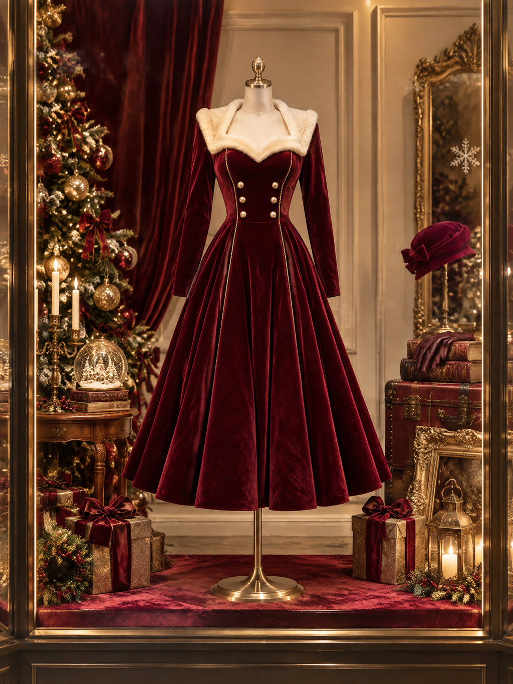 Vintage Burgundy Velvet Faux Fur Collar Dress