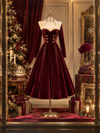 Vintage Burgundy Velvet Faux Fur Collar Dress