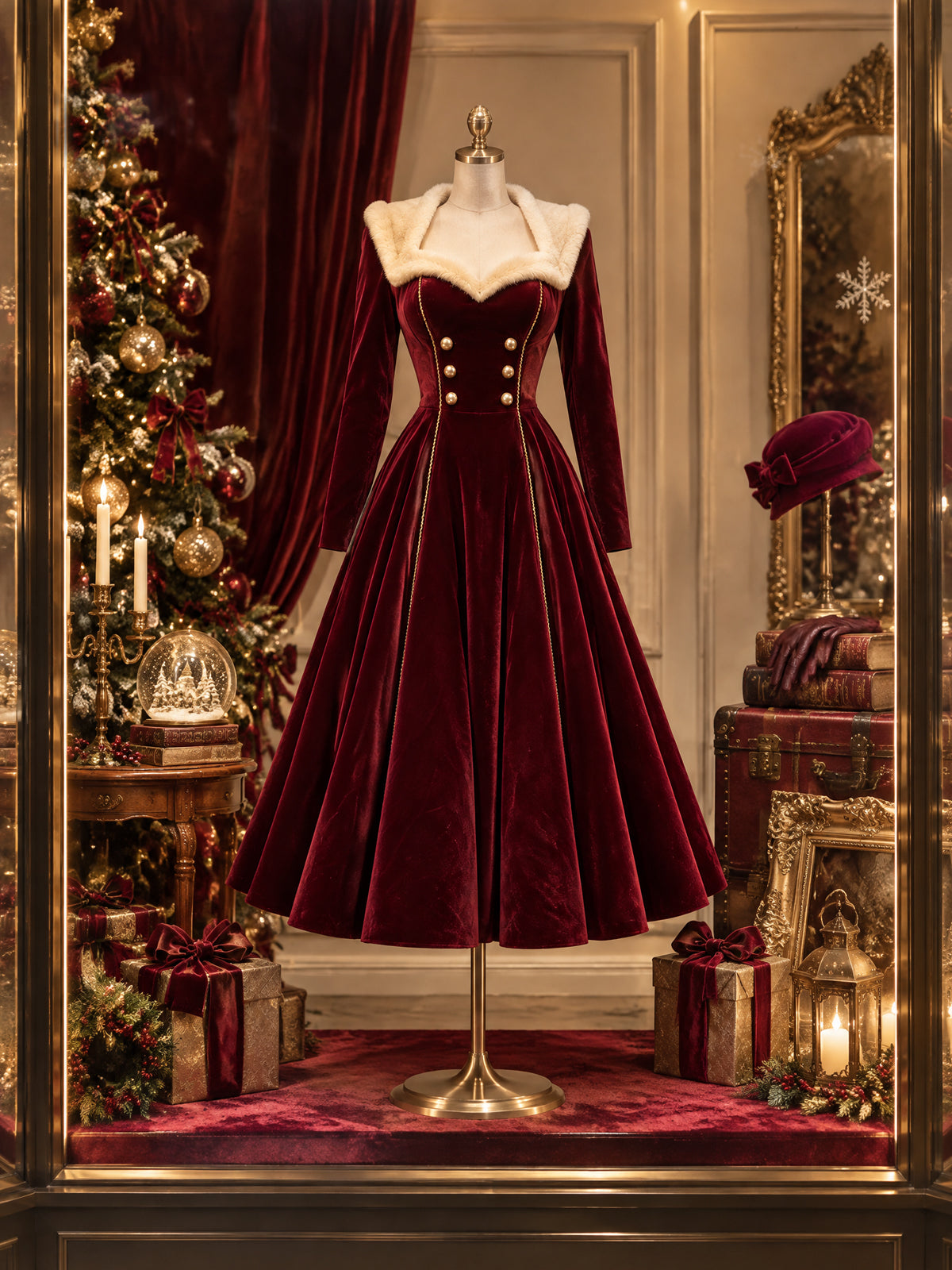 Vintage Burgundy Velvet Faux Fur Collar Dress