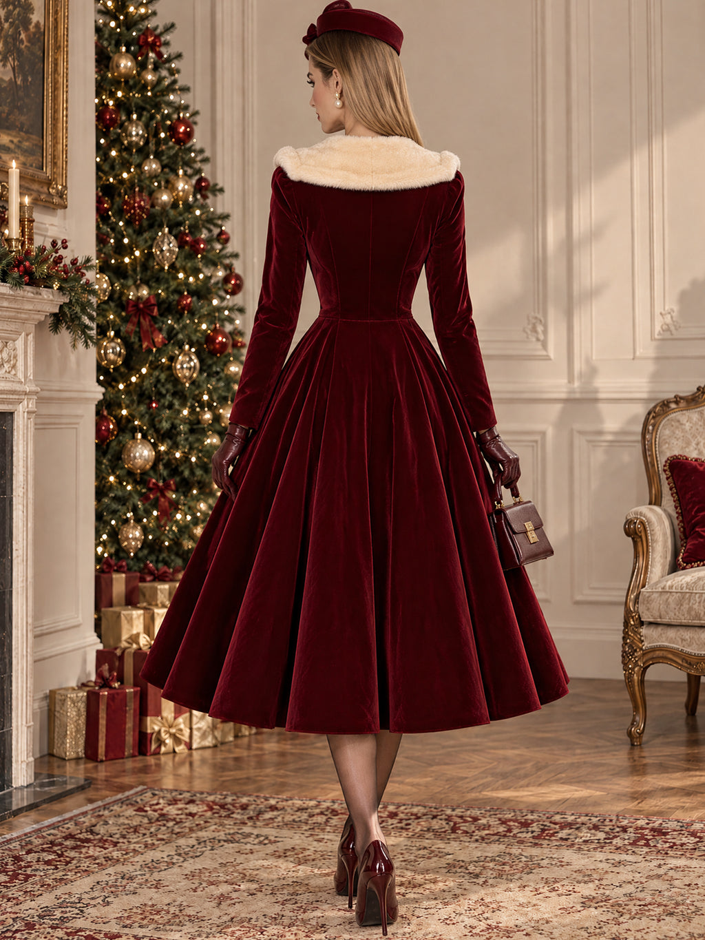 Vintage Burgundy Velvet Faux Fur Collar Dress