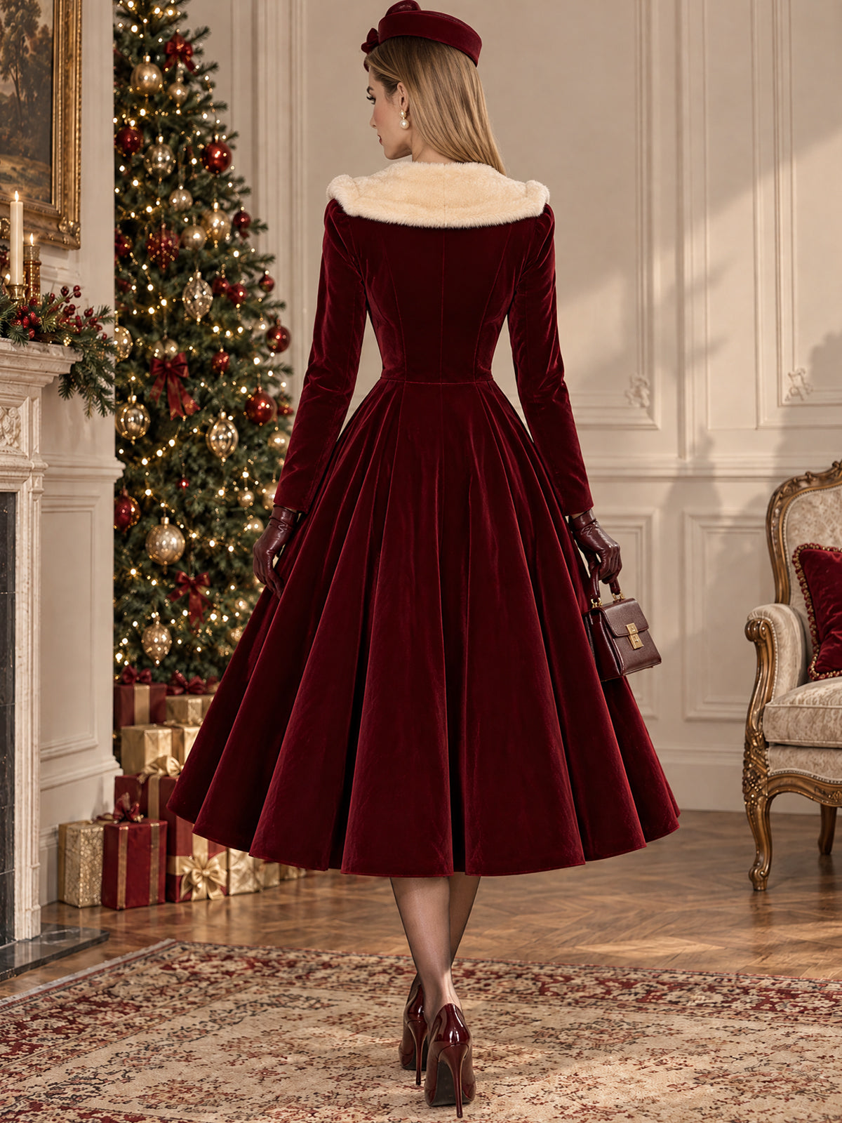 Vintage Burgundy Velvet Faux Fur Collar Dress