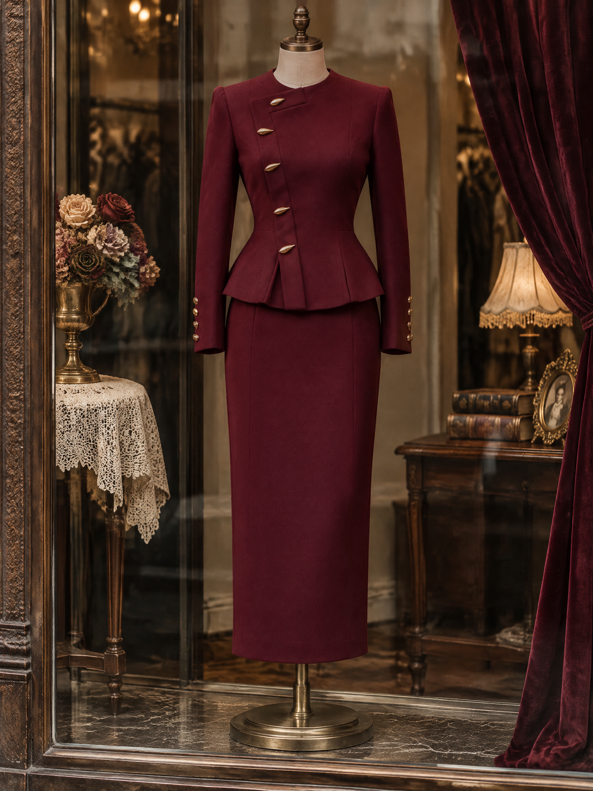 Vintage Side Placket Midi Skirt Suit