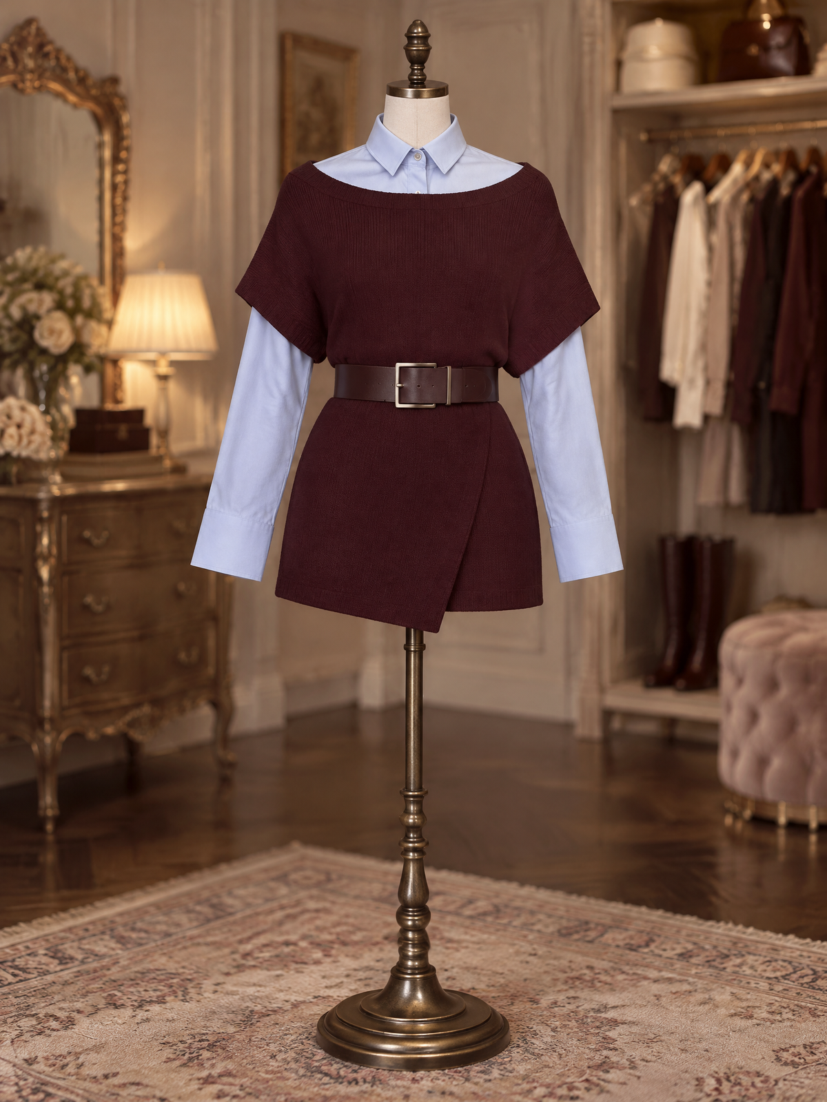 Vintage Wide Neck Belted Knit Dress Shirt Two Piece Dress Set