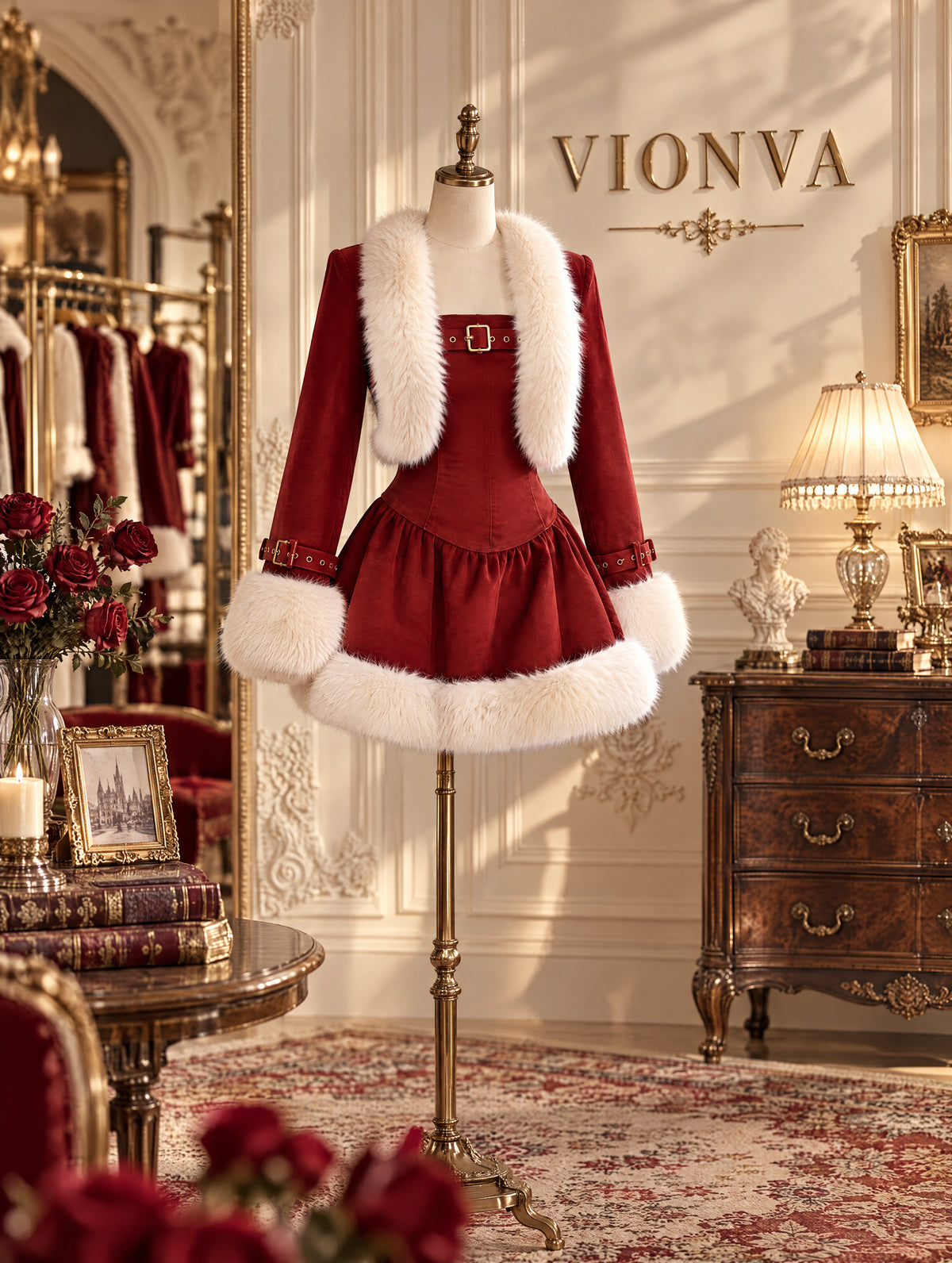 Vintage Christmas Furry Trim Mini Dress
