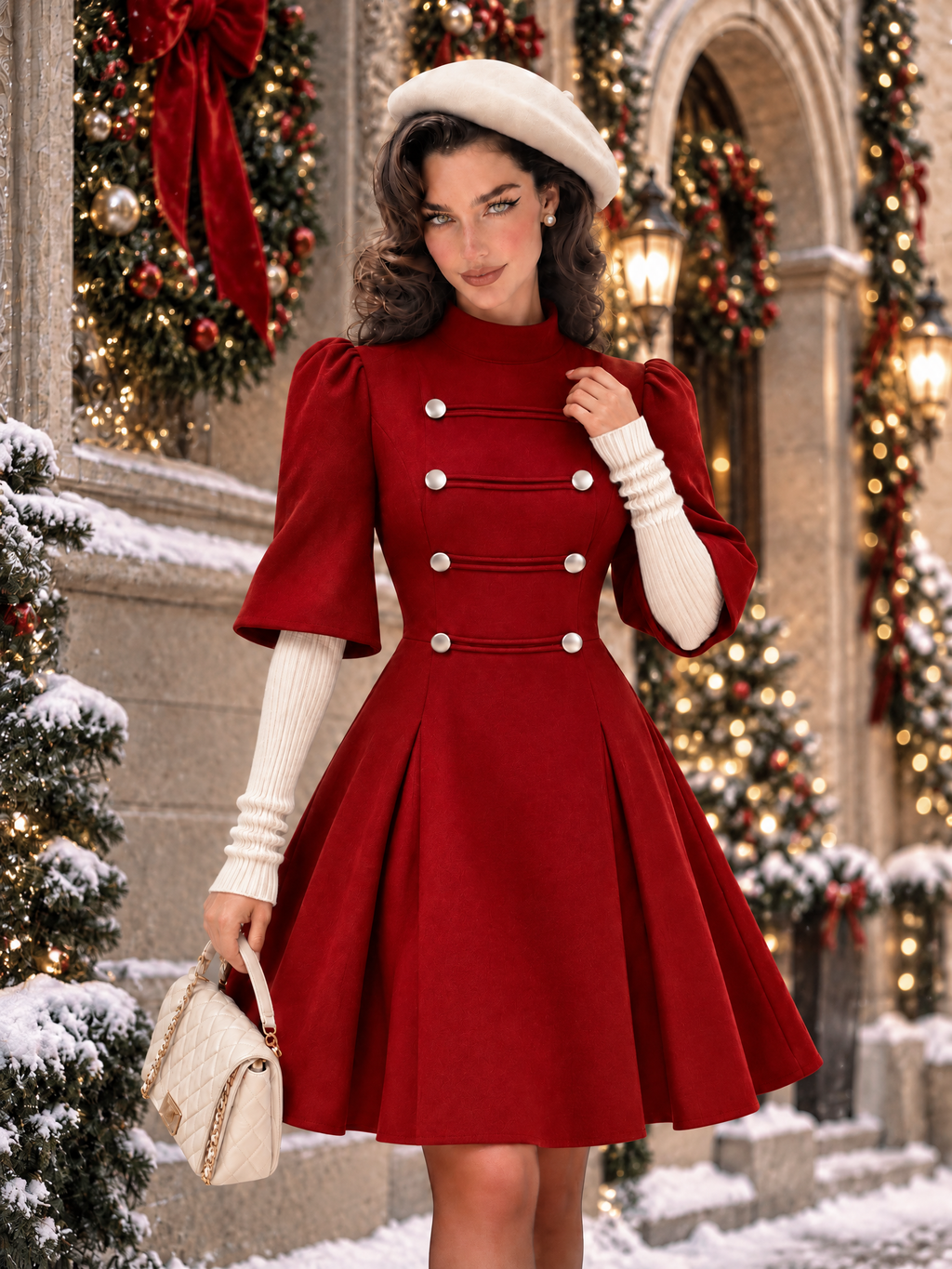 Vintage Double-Breasted Christmas Mini Dress