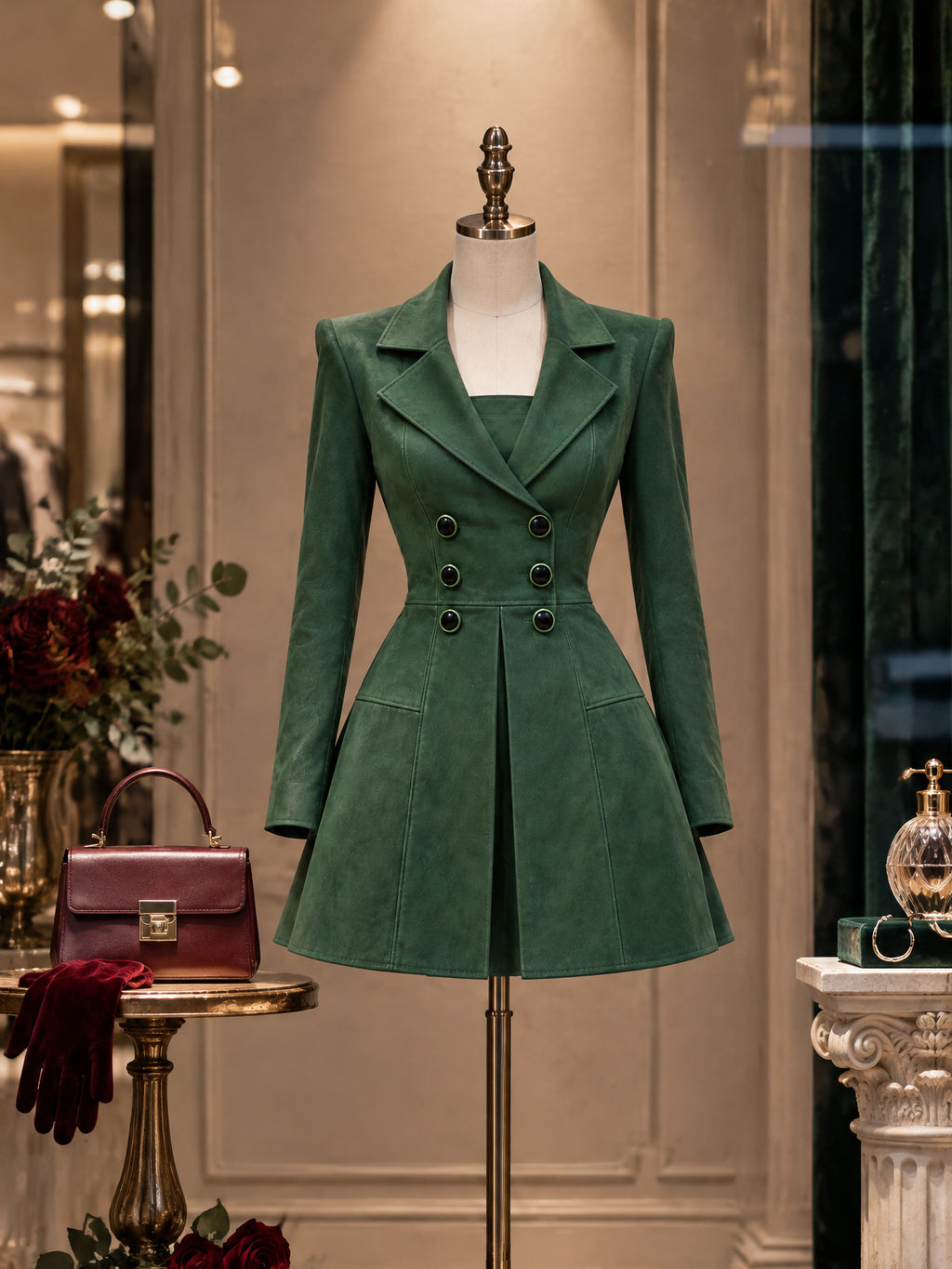 Vintage Green Double-Breasted Mini Dress