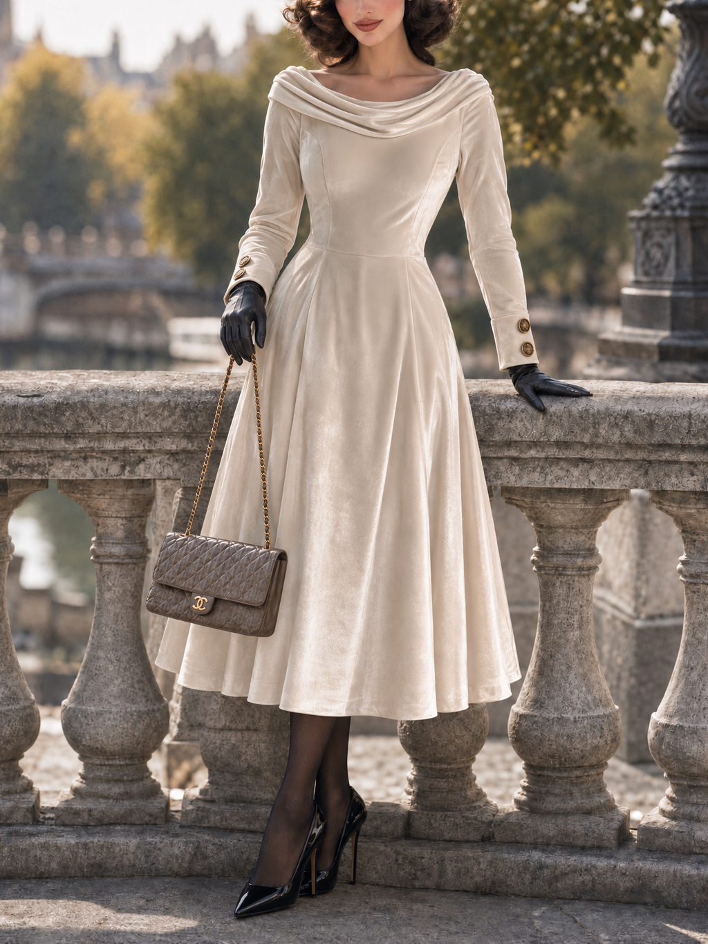 Vintage Velvet Cowl Neck Midi Dress