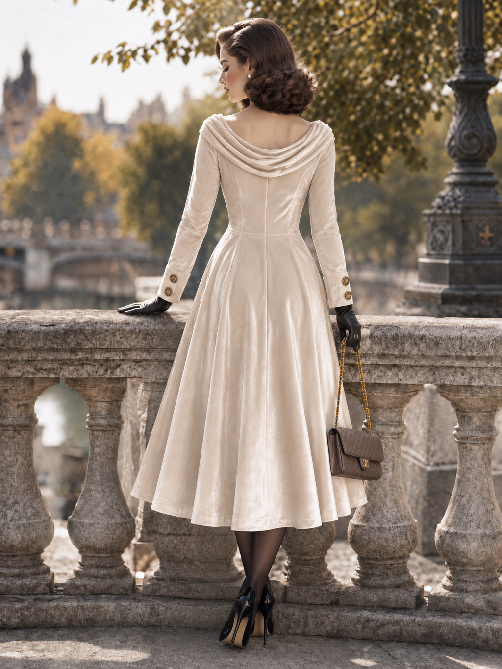 Vintage Velvet Cowl Neck Midi Dress