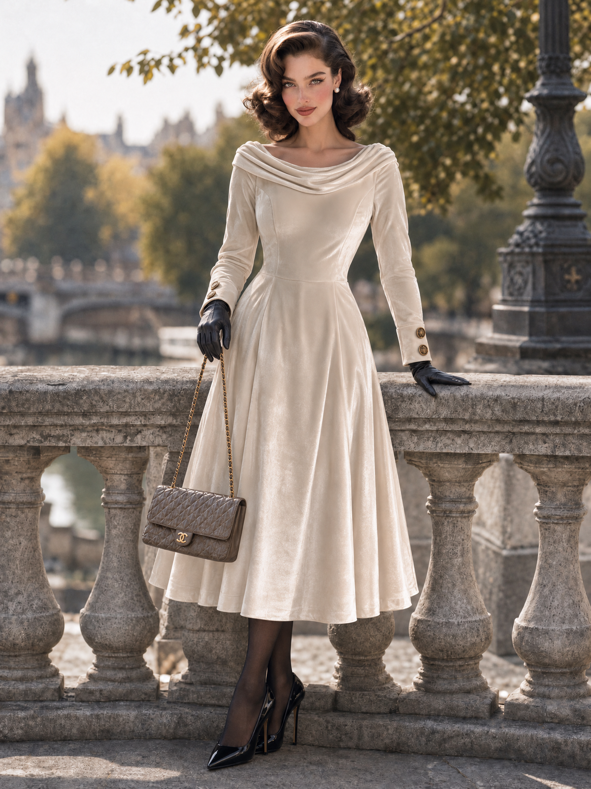 Vintage Velvet Cowl Neck Midi Dress