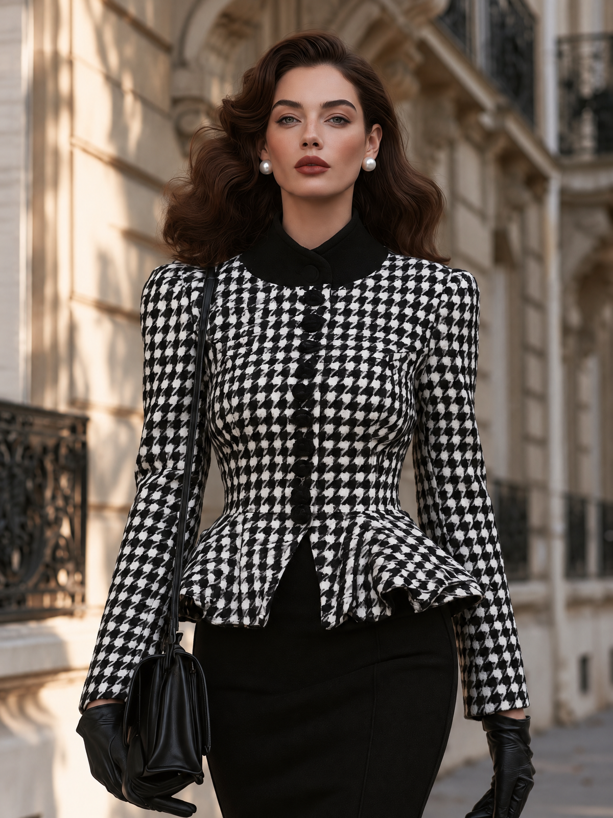Vintage Houndstooth Fitted Waist Blazer