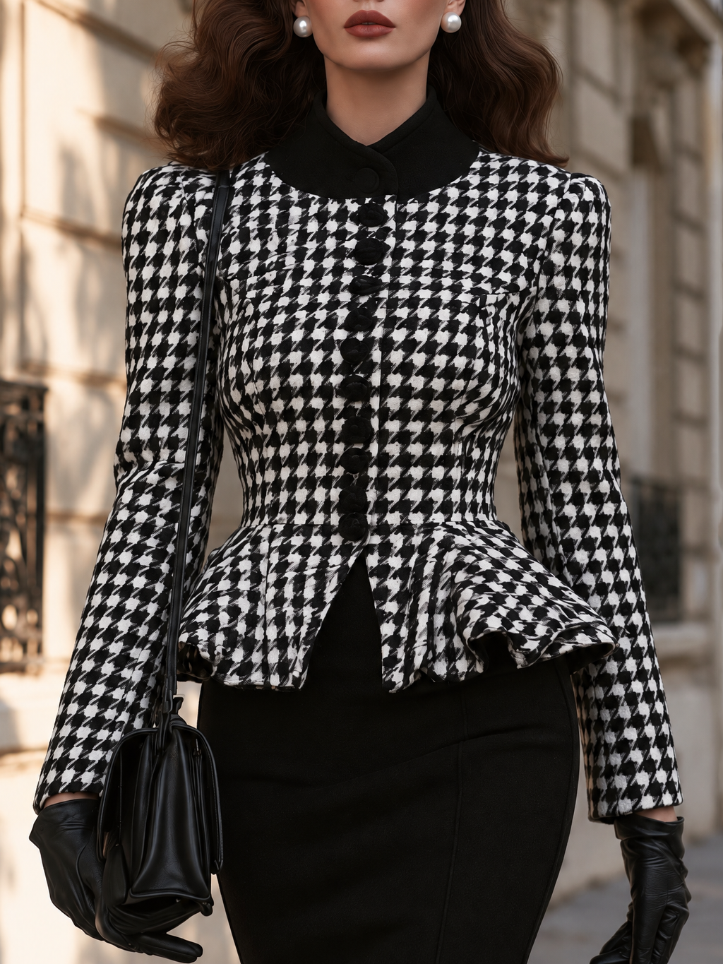 Vintage Houndstooth Fitted Waist Blazer