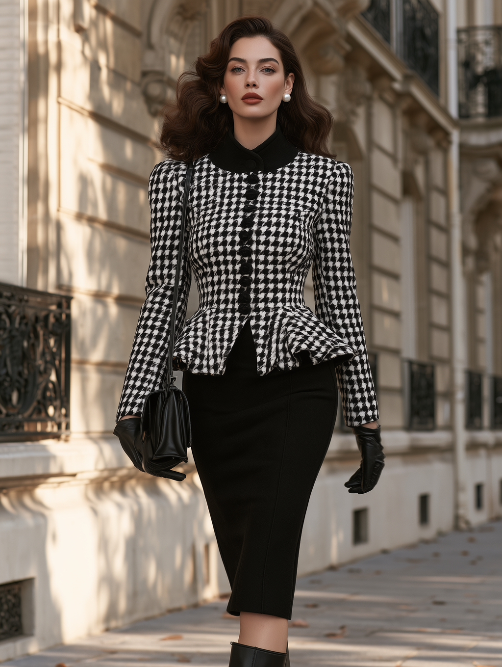 Vintage Houndstooth Fitted Waist Blazer