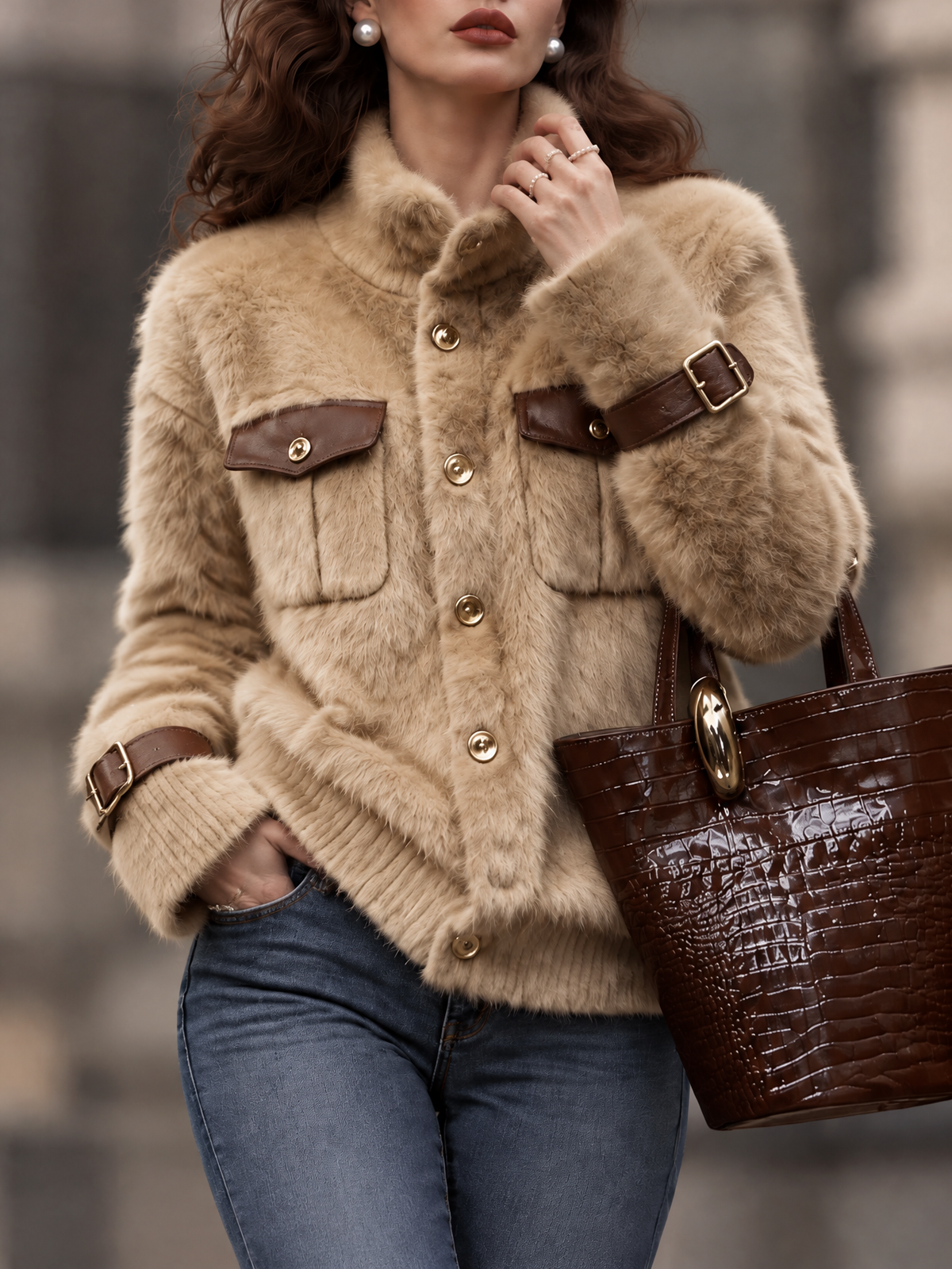 Vintage Faux Mink Fur Stand Collar Coat