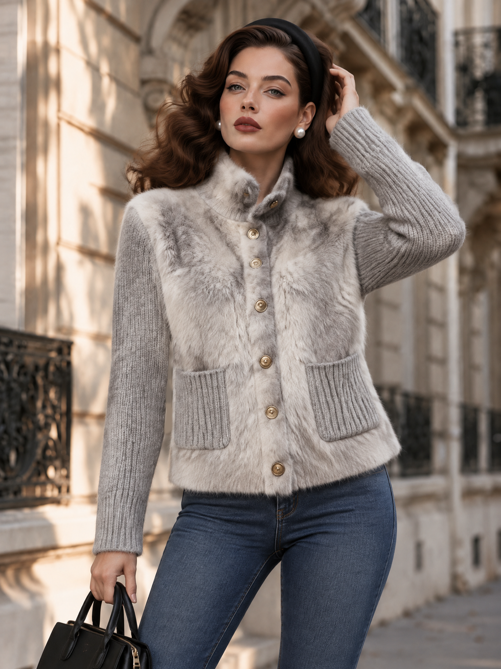 Vintage Faux Fur Panel Knit Jacket